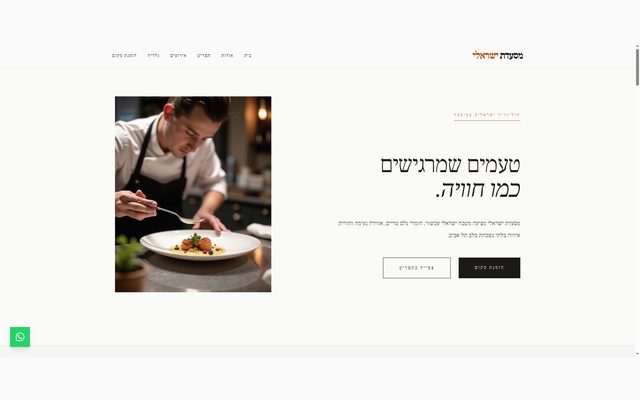 אתר יוקרתי למסעדת ישראלי עם תפריט מנות, גלריה, שאלות נפוצות וטופס הזמנת מקום מעוצב.